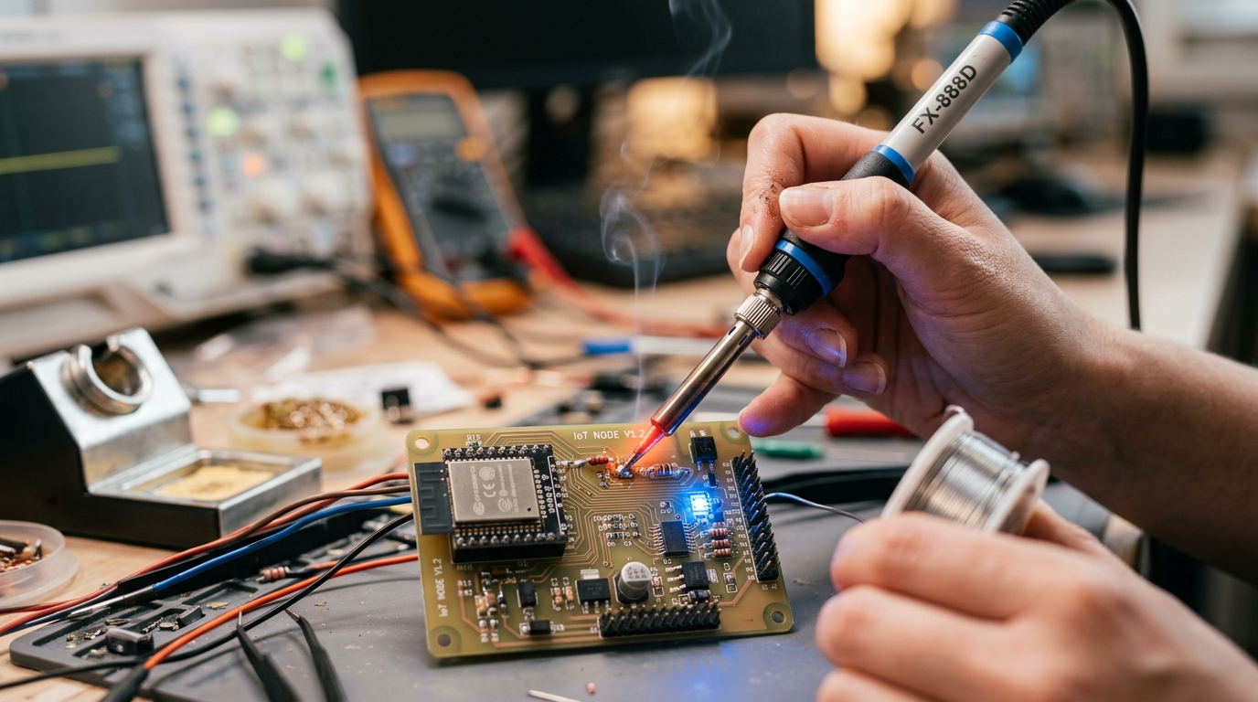 Student soldering IoT circuit board